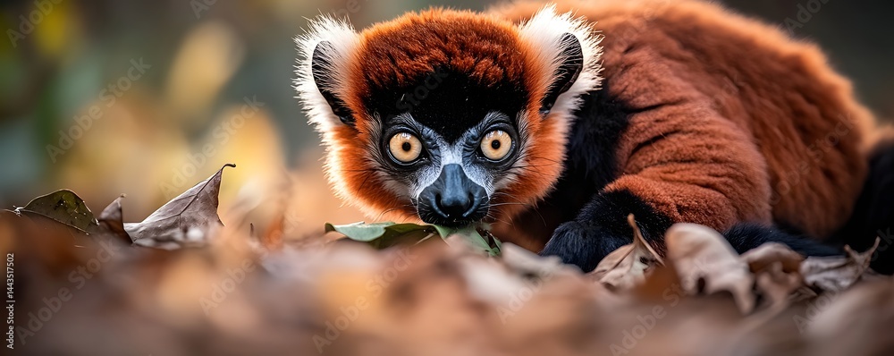 Fototapeta premium Red ruffed lemur sits among fallen leaves in the forest