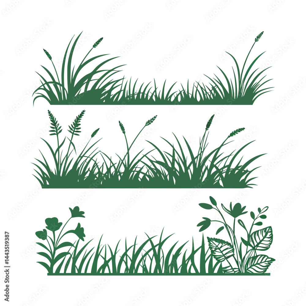 Fototapeta premium Set of 3 grass and leaf border illustrations vector