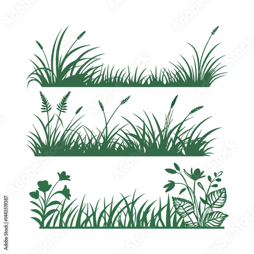 Green grass tufts, simple vector isolated elements,flat design,lawn border,grass blades, minimalist nature graphics,2D grass patches