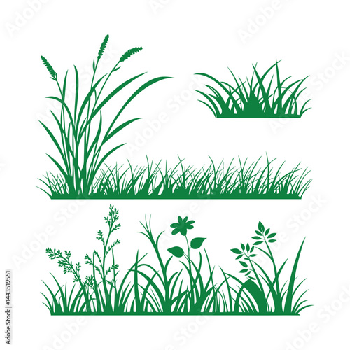 Green grass tufts, simple vector isolated elements,flat design,lawn border,grass blades, minimalist nature graphics,2D grass patches