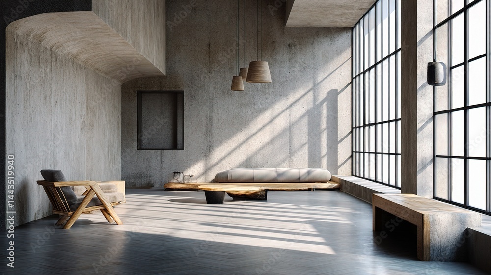 Obraz premium Modern Minimalist Interior with Natural Light and Concrete Walls