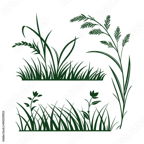 Green grass tufts, simple vector isolated elements,flat design,lawn border,grass blades, minimalist nature graphics,2D grass patches