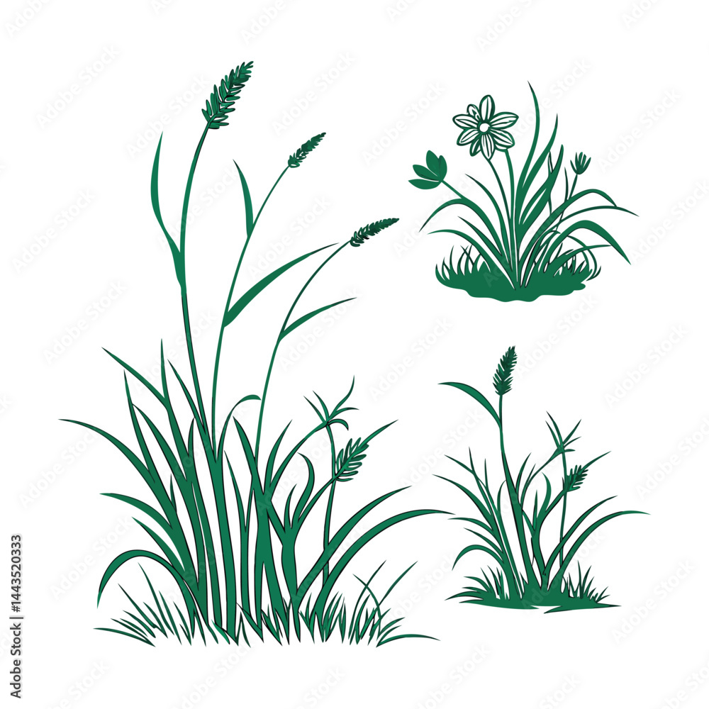 Obraz premium Set of 3 green grass and flower illustrations