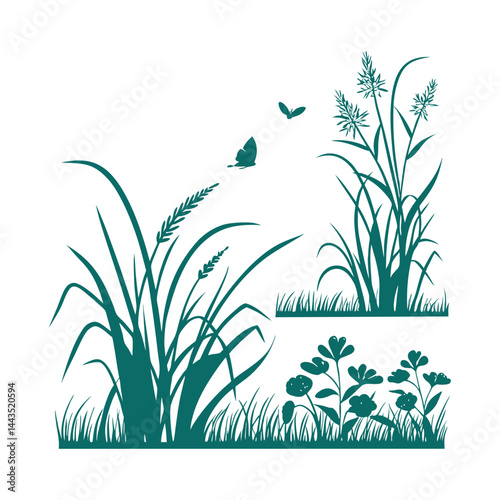 Green grass tufts, simple vector isolated elements,flat design,lawn border,grass blades, minimalist nature graphics,2D grass patches
