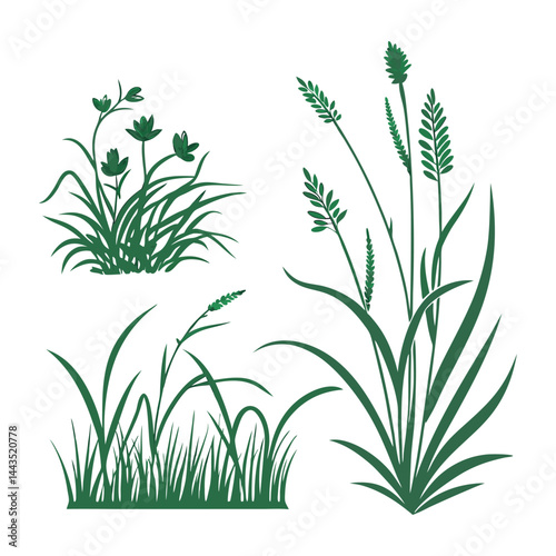 Green grass tufts, simple vector isolated elements,flat design,lawn border,grass blades, minimalist nature graphics,2D grass patches