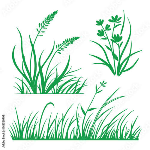 Green grass tufts, simple vector isolated elements,flat design,lawn border,grass blades, minimalist nature graphics,2D grass patches