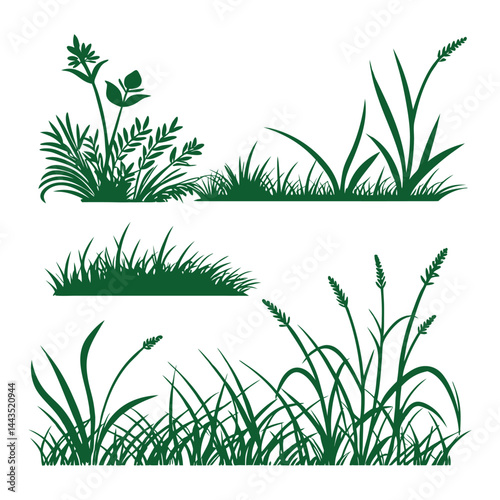 Green grass tufts, simple vector isolated elements,flat design,lawn border,grass blades, minimalist nature graphics,2D grass patches