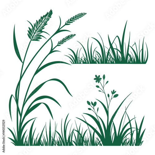 Green grass tufts, simple vector isolated elements,flat design,lawn border,grass blades, minimalist nature graphics,2D grass patches