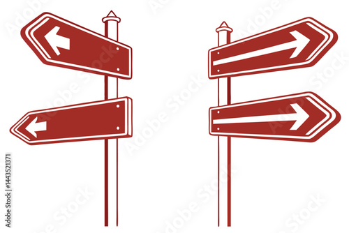 9 Red directional signs, Blank road signs, Crossroads decision, Opposite directions, Glossy arrows, Metal signpost, White border, Gradient red surface, Minimalist design, Choice concept, Intersection 
