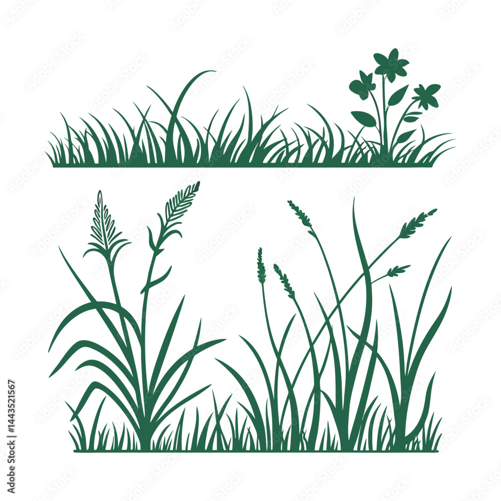 Obraz premium Green grass and weed silhouettes set