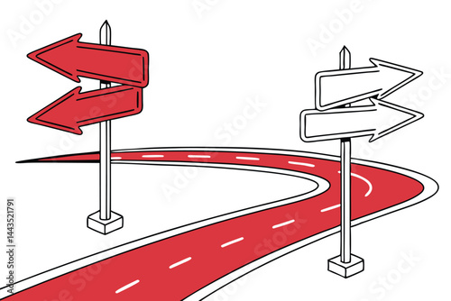 9 Red directional signs, Blank road signs, Crossroads decision, Opposite directions, Glossy arrows, Metal signpost, White border, Gradient red surface, Minimalist design, Choice concept, Intersection 