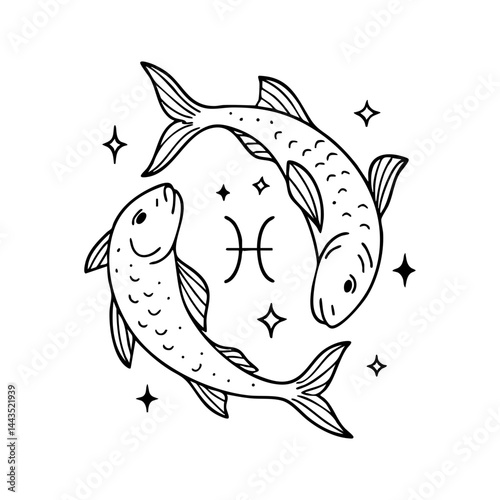 Pisces Zodiac Symbol with Circular Twin Fish and Stars – Mystical Line Art