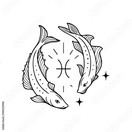 Pisces Zodiac Symbol with Two Fish and Stars – Celestial Line Art