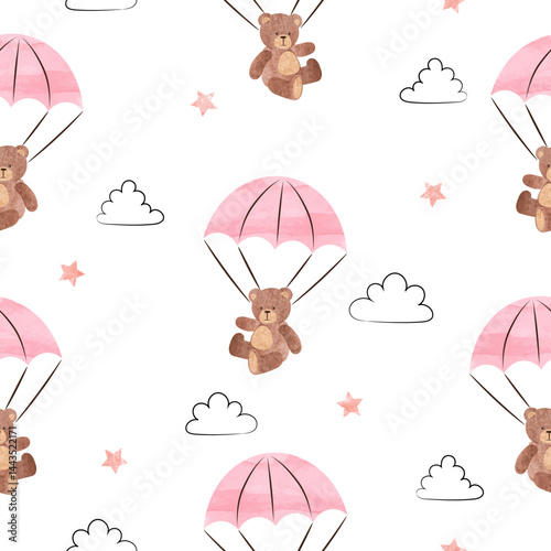 Cute teddy bear with parachute seamless pattern. Vector baby shower girl illustration