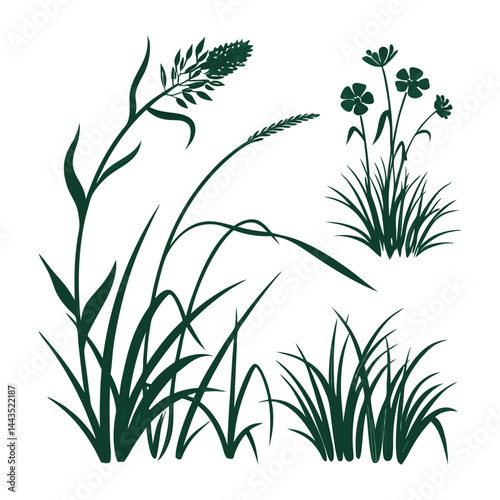 Green grass tufts, simple vector isolated elements,flat design,lawn border,grass blades, minimalist nature graphics,2D grass patches