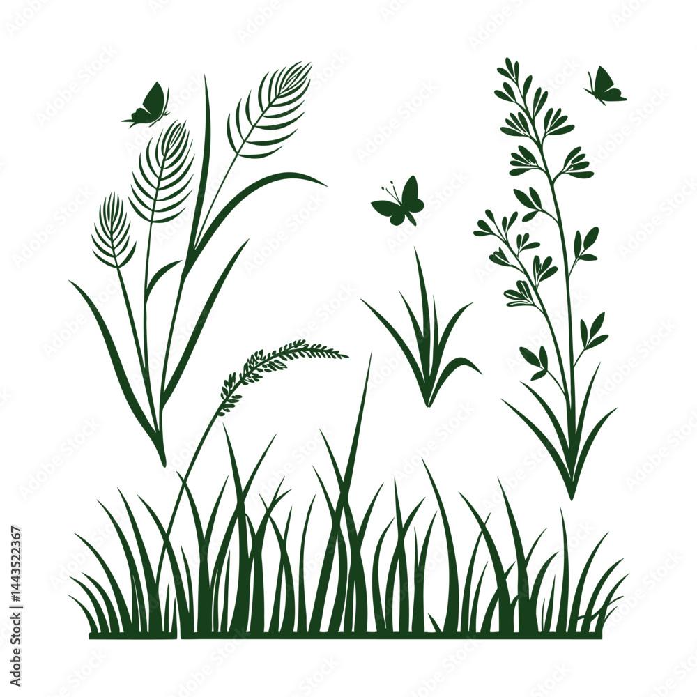 Fototapeta premium Dark green grass and plants illustration with butterflies
