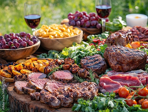 Delicious grilled steak served with fresh salad, roasted vegetables, and wine on a rustic outdoor dining table in a scenic garden. Perfect summer meal and festive celebration atmosphere.