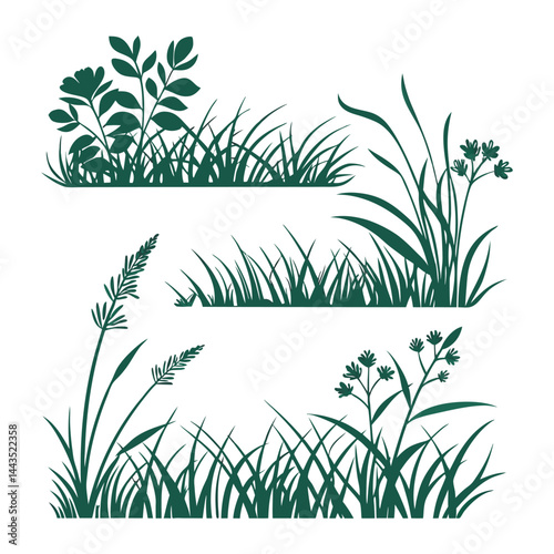 Green grass tufts, simple vector isolated elements,flat design,lawn border,grass blades, minimalist nature graphics,2D grass patches