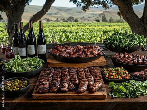 Delicious grilled steak served with fresh salad, roasted vegetables, and wine on a rustic outdoor dining table in a scenic garden. Perfect summer meal and festive celebration atmosphere.