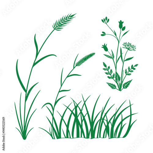 Green grass tufts, simple vector isolated elements,flat design,lawn border,grass blades, minimalist nature graphics,2D grass patches