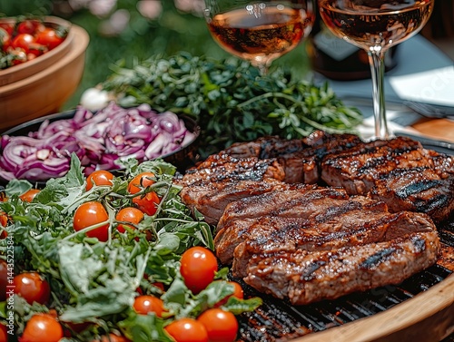 Delicious grilled steak served with fresh salad, roasted vegetables, and wine on a rustic outdoor dining table in a scenic garden. Perfect summer meal and festive celebration atmosphere.