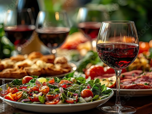 Delicious grilled steak served with fresh salad, roasted vegetables, and wine on a rustic outdoor dining table in a scenic garden. Perfect summer meal and festive celebration atmosphere.
