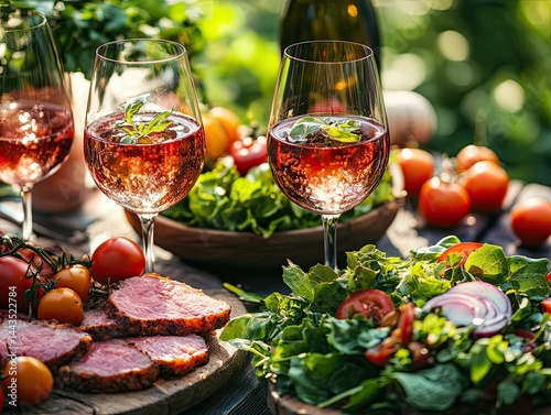 Delicious grilled steak served with fresh salad, roasted vegetables, and wine on a rustic outdoor dining table in a scenic garden. Perfect summer meal and festive celebration atmosphere.