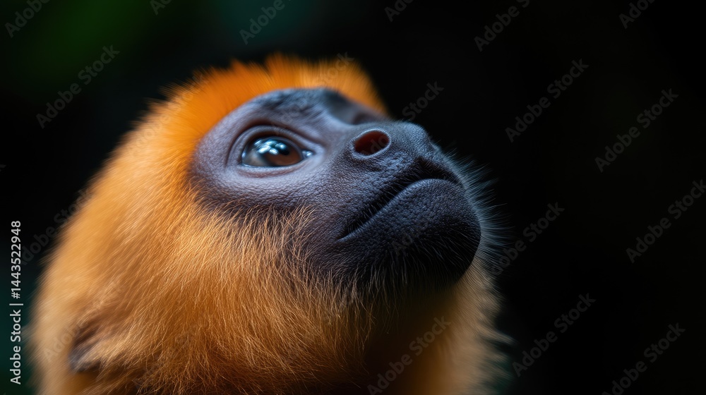 Fototapeta premium Close-up of a young primate with vibrant orange fur, looking upward