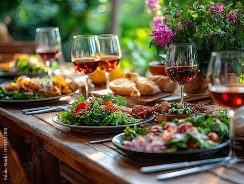 Delicious grilled steak served with fresh salad, roasted vegetables, and wine on a rustic outdoor dining table in a scenic garden. Perfect summer meal and festive celebration atmosphere.