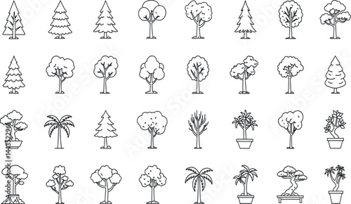Trees line icon set. Vector pictograms of roots, branches, leaves, fruit, apple, orange, evergreen, tropical