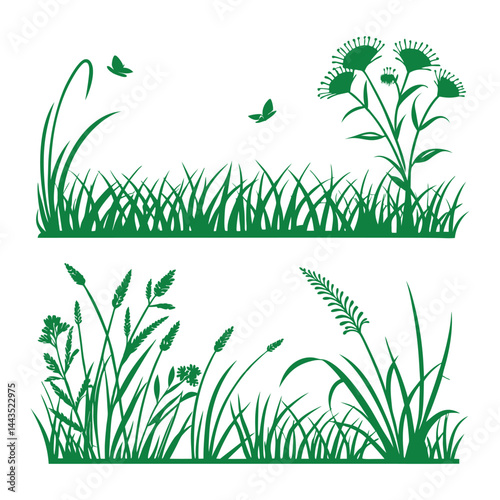 Green grass tufts, simple vector isolated elements,flat design,lawn border,grass blades, minimalist nature graphics,2D grass patches
