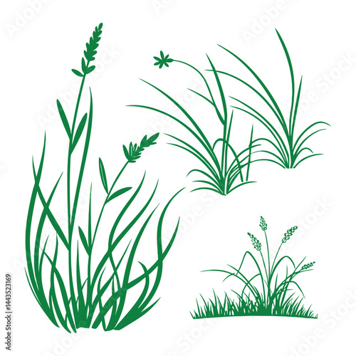 Green grass tufts, simple vector isolated elements,flat design,lawn border,grass blades, minimalist nature graphics,2D grass patches