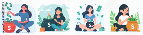 a woman harvesting investment results style vector flat design