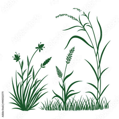 Green grass tufts, simple vector isolated elements,flat design,lawn border,grass blades, minimalist nature graphics,2D grass patches