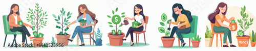 a happy woman sitting on a chair while planting money in a pot style vector flat design