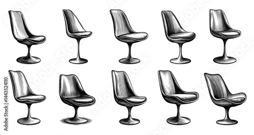 Tulip Chairs set in Woodblock vintage Print Style Black and White illustration, Mid-Century Modern Design