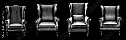 Wingback Chairs in Engraving vintage Style Black and White illustration, Classic Furniture against Black Background