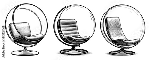 Mid-Century Modern Egg Chairs set in Line Drawing Style Black and White illustration