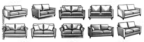 Sofas and Loveseats set in Engraving vintage Style Black and White illustration, Furniture Design