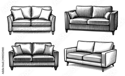 Sofa Line Drawings in Vintage Woodcut Style black and white illustration