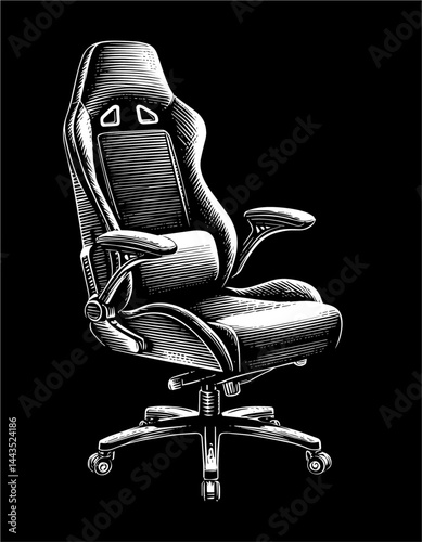 Gaming chair woodblock style illustration in black and white against a black background.
