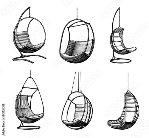 hanging chairs set line drawings sketch style in black and white illustration
