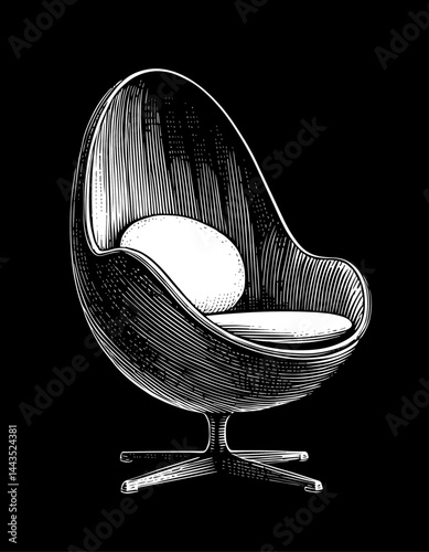 Egg chair illustration woodblock style in black and white, modern furniture design.