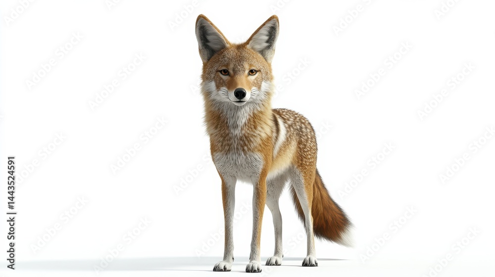 Fototapeta premium A coyote standing alert with its ears raised, isolated on white background.