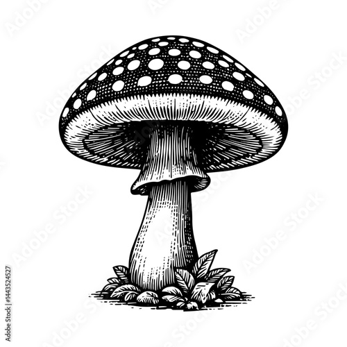Spotted fly agaric mushroom woodcut vintage style illustration black and white