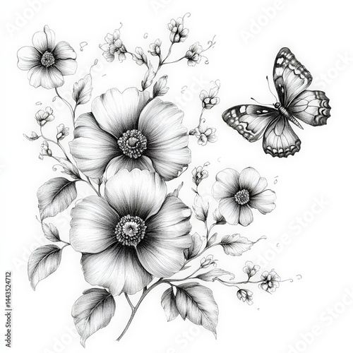 Elegant Floral Illustration with Butterfly on White Background