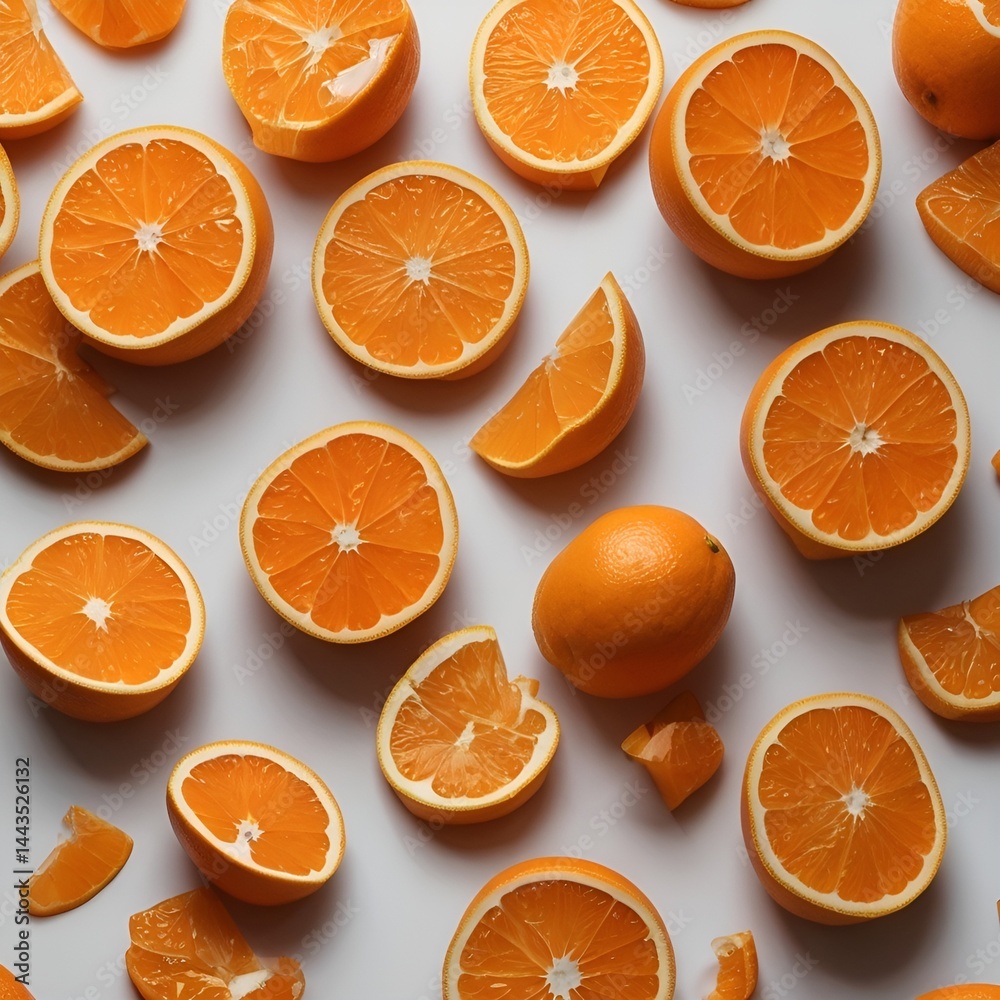Fototapeta premium Fresh Orange Slices on White Background – Citrus Fruit Photography for Healthy Food Concepts.