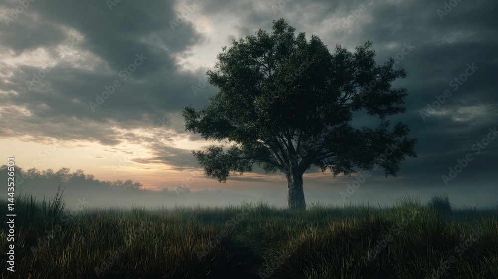 Fototapeta premium Solitary Tree in Misty Meadow: A Serene, Dramatic Landscape