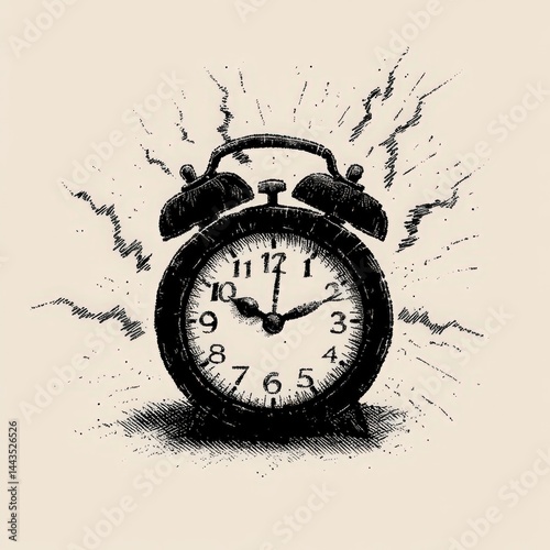 An animated alarm clock vividly goes off surrounded by dynamic lightning bolts