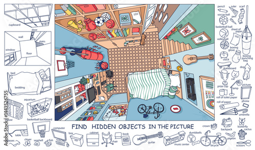 Find hidden objects in the picture. Interrior of teenager’s room from above with furniture and home objects. Cozy children room. Linear sketch vector illustration